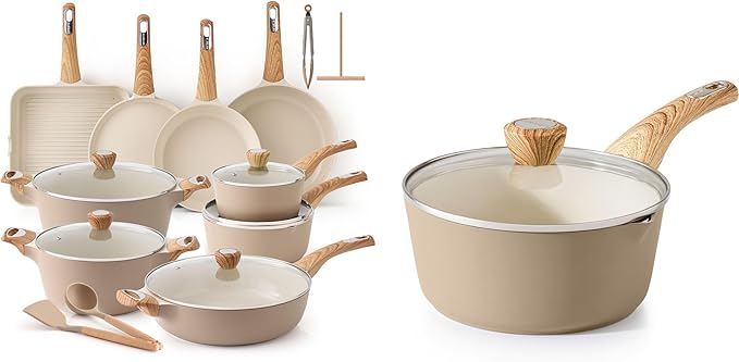 SENSARTE 26 Pcs Ceramic Cookware Setsw/Frying Pans Set Saucepans Set 1.5 Quart Ceramic Nonstick Sauce Pan with LidInduction Pot PFOA PTFE PFAS PFOA Free