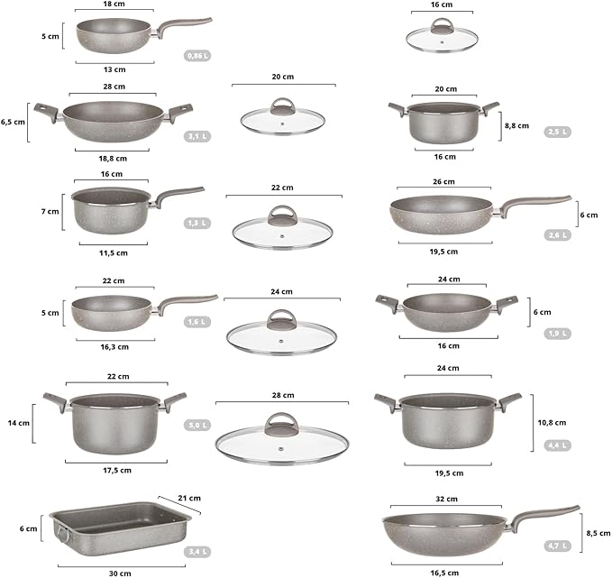 Traditional Hob Pots Set Non-Stick Pots Set Cookware Set Healthy Fast and Even Cooking. Made in Italy. (16 Pieces)