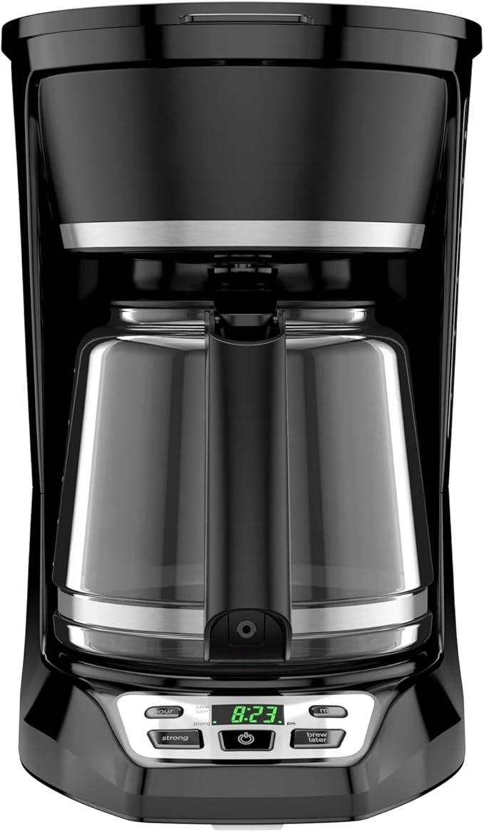 12-Cup Programmable Coffee Maker with Glass Carafe Strength Selector Mid-Brew Access Auto Shut-Off and Keep Warm Function Black