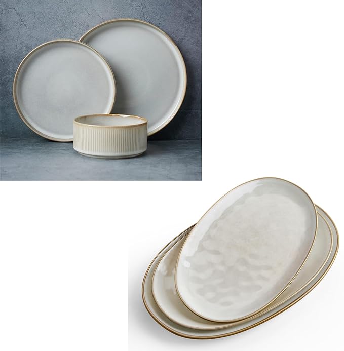 Famiware Star Plates and Bowls Sets + 3 Pcs Ocean Oval Serving Platter 15-Piece Dinnerware Sets for 4 Cappuccino White