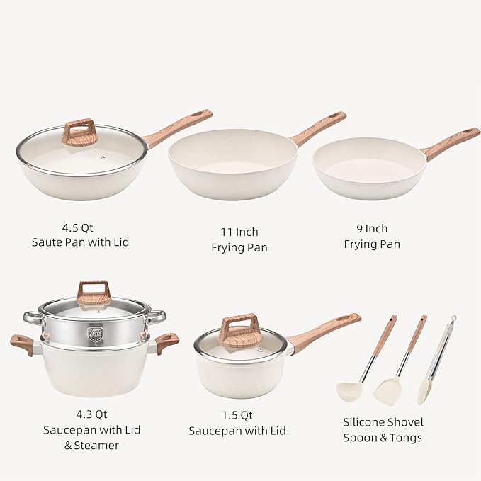 10 Piece Nonstick Cookware Set Frying Pan Saucepan Saute Pan Steam Rack Sturdy Scratch Resistant Coating Even Heat Distribution Modern Design for Home Cooks (White)