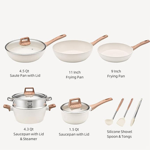 10 Piece Nonstick Cookware Set Frying Pan Saucepan Saute Pan Steam Rack Sturdy Scratch Resistant Coating Even Heat Distribution Modern Design for Home Cooks (White)