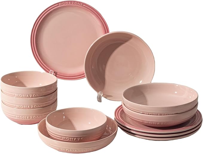 12-Piece Pink Ceramic Dinnerware Set - Monazone Series Service for 4 Includes Bowls &amp 8''/9'' Plates Glossy Finish