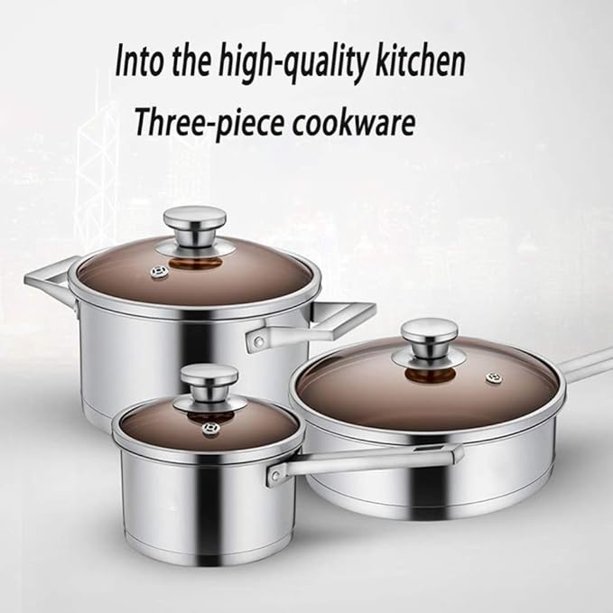 Frying Pan and Saupan Set with Lids Stay Cool HandlesStainless Steel Pan Set 3 PieSuitable for a Variety of stoves Including Induction cookers Cookware Set