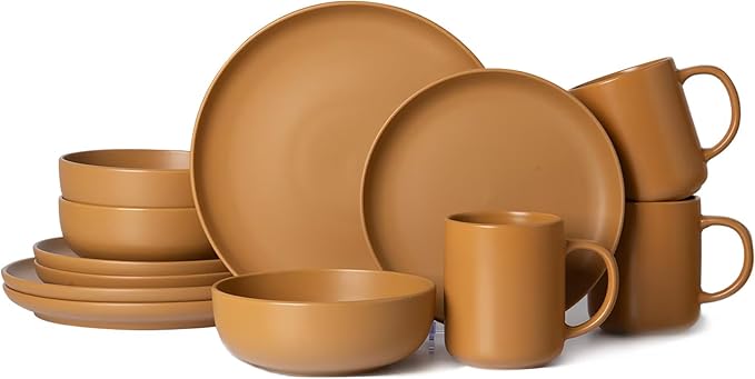 12-Piece Matte Orange Dinnerware SetStoneware Dinnerware for 3 Microwave &amp Dishwasher Safe Stackable Design for Kitchen and Dining - PlatesBowls and Mugs