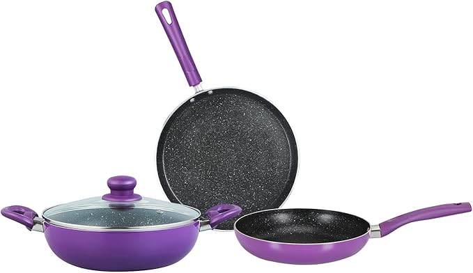 Bergner Albarino Non-Stick 4 Pcs Cookware Set - 24cm (2.5 L) Kadai with Glass Lid 24cm Frypan and 28cm Tawa Bakelite Handle Minimal Oil Use - Induction Bottom Diwali/Anniversary Gifting (Purple)