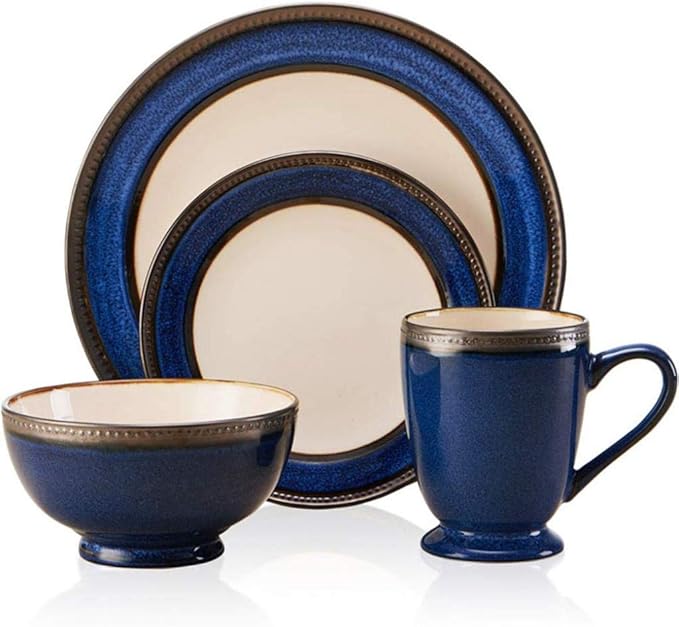 4 Pieces Vintage Blue Porcelain Dinner Set Ceramic Plate Bowl Cup Service for 1 Person