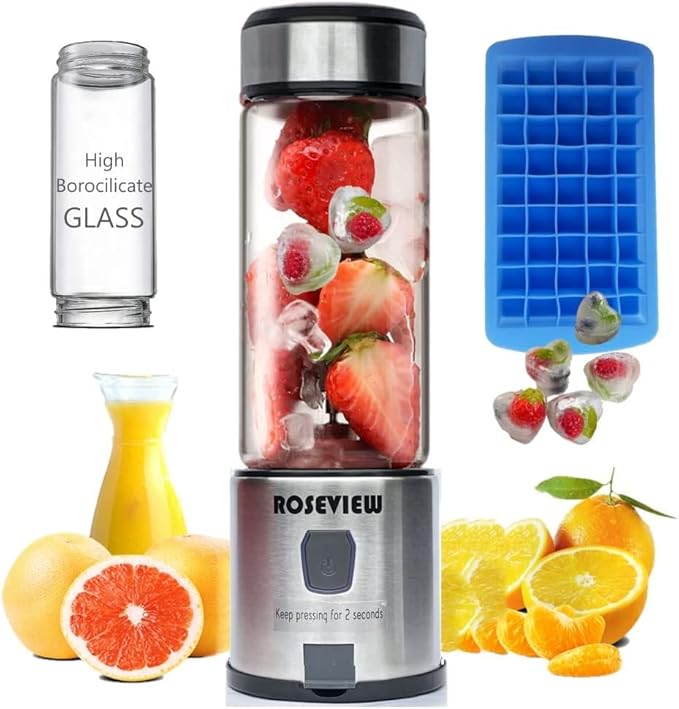 Portable Smoothie blender Glass bottle Mini USB rechargeable 2 battery Handheld Shakes blend Cup USB juicer Cordless Personal smoothies maker mixer (Stainless) (BLK Steel)