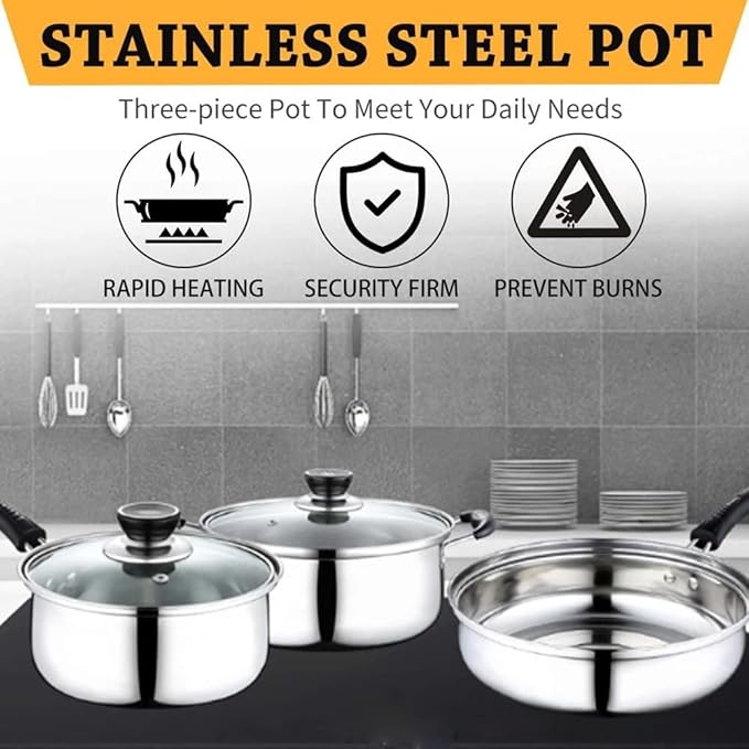 3Pcs Stainless Steel Cookware Set Soup Pot Milk Pan with Glass Lid Frying Pan Kitchen Cooking Tool Variety Pack