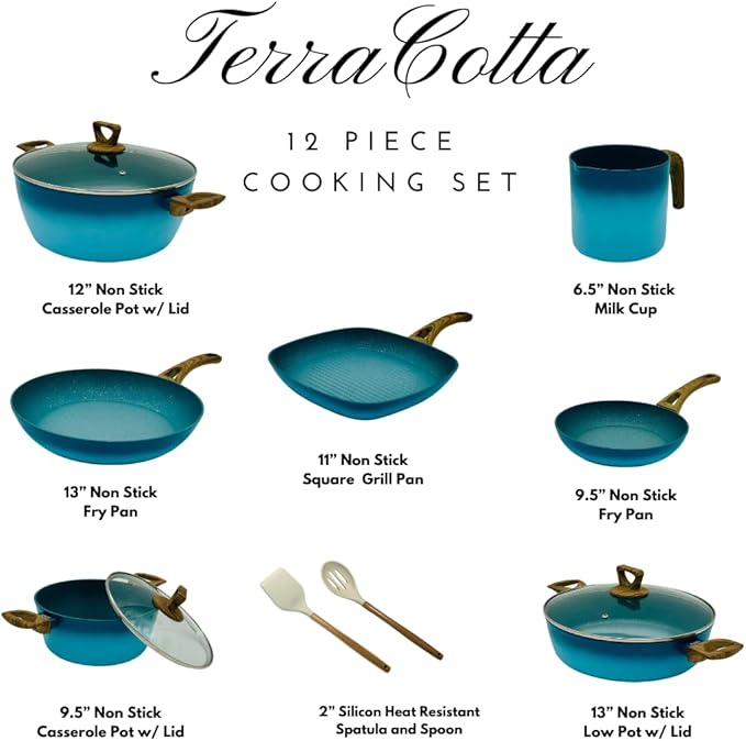 Terracotta 12 Piece Cooking Set with Milk Cup - Turquoise