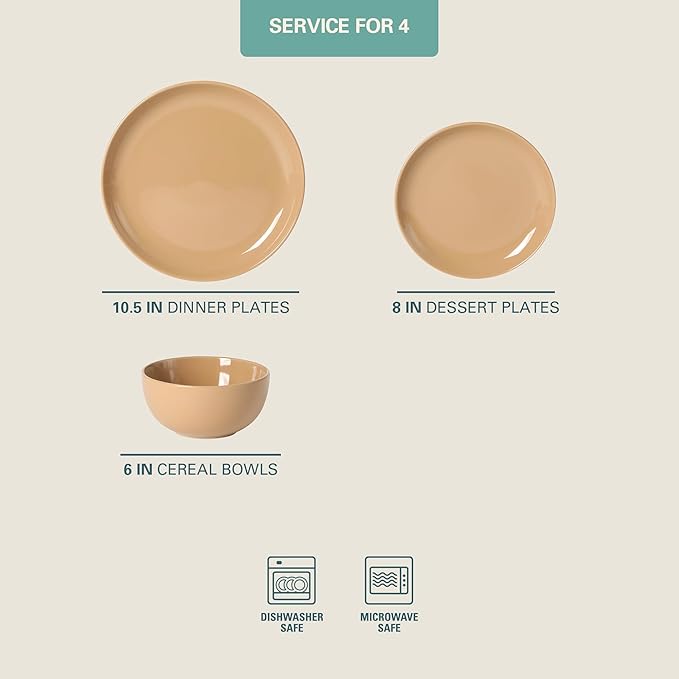 Gibson Home Rockaway 12-Piece Round Stoneware Dinnerware Set Service for 4 – Beige Plates and Bowls Modern Matte Finish Microwave &amp Dishwasher Safe