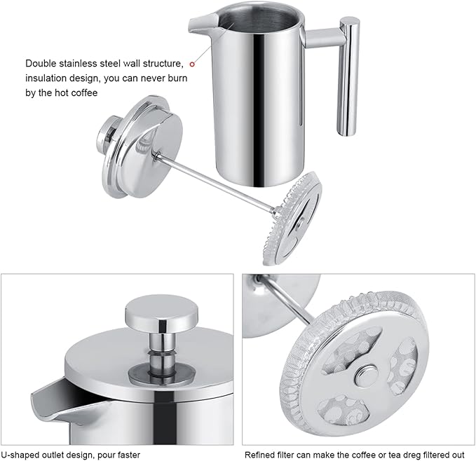 Yosoo 350ML Stainless Steel French Press Coffee Maker Double Wall Insulated Tea Pot with Precision Filter for Home Office Coffee House