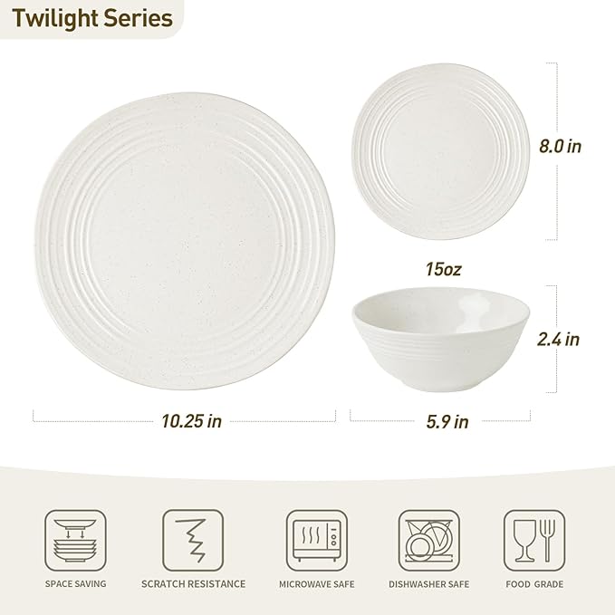 Famiware Plates and Bowls Sets 18-Piece Stoneware Dinnerware Sets Dishes Set for 6 Hand-made Reactive Glaze Dish Set Twilight Series White
