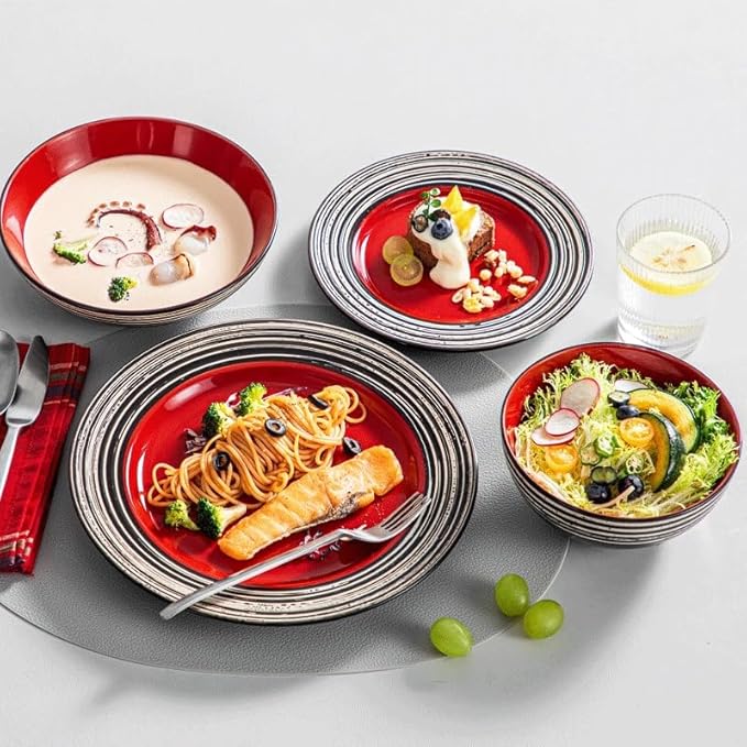 16 Piece Stoneware Dinnerware Set with Dinner Dessert Plate Cereal Pasta Bowl Service for 4 Person