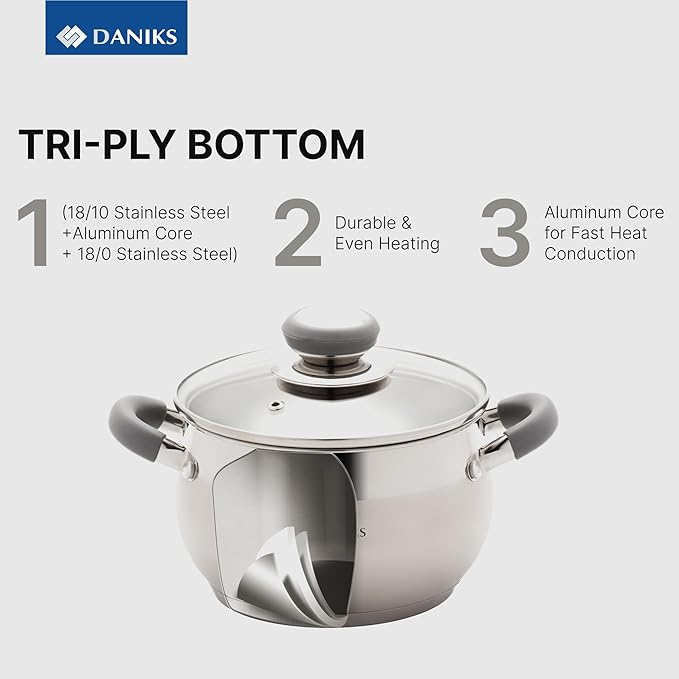 Daniks Modern 11-Piece Stainless Steel Cookware Set with Glass Lids Includes Saucepan and Frying Pan with Lid Tri-Ply Bases for Even Heating Induction Compatible Dishwasher Safe Heatproof Handles