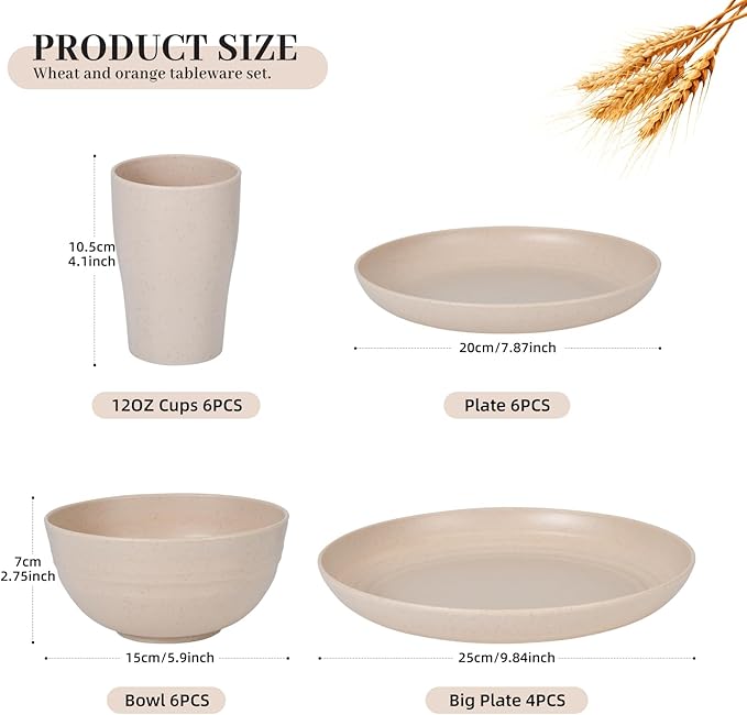 24 - Piece Wheat Straw Dinnerware Set - Plates and Bowls for 6 Unbreakable Dishwasher &amp Microwave Safe Reusable Lightweight Tableware Ideal for Camping and Everyday Use (Beige)