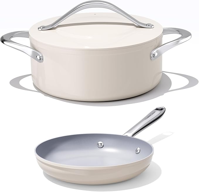 Ceramic Nonstick Cookware Set 8 Fry Pan &amp 4.5qt Dutch Oven PFAS/PTFE/PFOA Free Even Heat Distribution All Cooktops Compatible Oven Safe to 500°F (Cream)