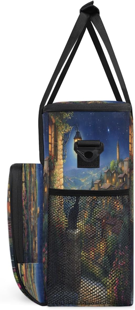 Light Night Scene Cat Flower Tree Coffee Maker Carring Bag Travel Carrying Storage Tote Bag Compatible with Keurig K-Mini or K-Mini Plus Portable Single Serve Coffee Brewer Case with Pockets