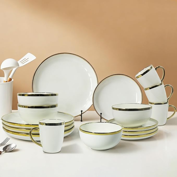 White and Gold Ceramic Dinnerware Sets for 4 16-Piece Luxury Plates and Bowls Sets with Gold Rim Modern Dish Set for Wedding Christmas Anniversary Crack Resistant | Dishwasher Safe (White)