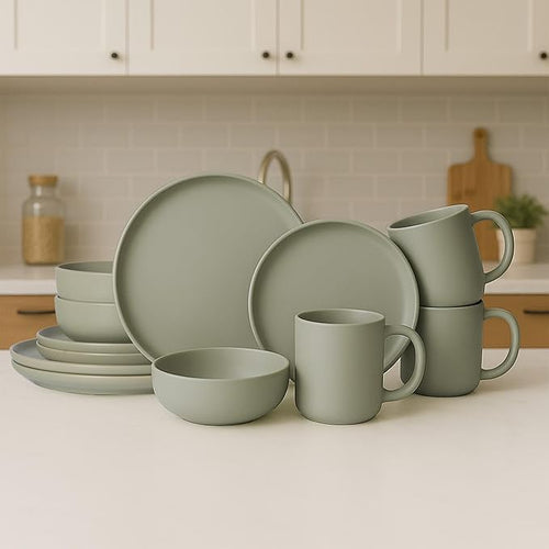 12-Piece Stoneware Dinnerware Set with Mugs Matte Glaze Microwave &amp Dishwasher Safe Stackable Service for 3 White (Green of 3)