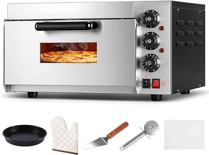 Commercial Pizza Oven 16 Inch Countertop Electric Pizza Oven with Pizza Stone Max Temperature Up to 662°F Stainless Steel Fast Baking Pizza Maker 1400W Energy Efficient Easy to Clean