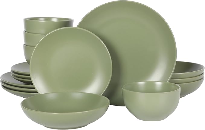 Gibson Home Queenslane 16-Piece Matte Green Stoneware Dinnerware Set – Double Bowl Plates and Bowls Durable Kitchen Dinner Set