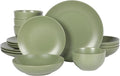 Gibson Home Queenslane 16-Piece Matte Green Stoneware Dinnerware Set – Double Bowl Plates and Bowls Durable Kitchen Dinner Set