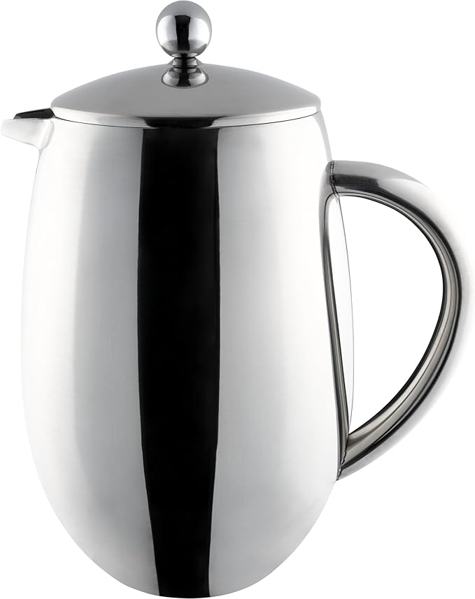 Café Ole BFD-06 6 Cup Double Walled Bellied Cafetiere French Press Coffee Maker Mirror 0.8 Litre Stainless Steel