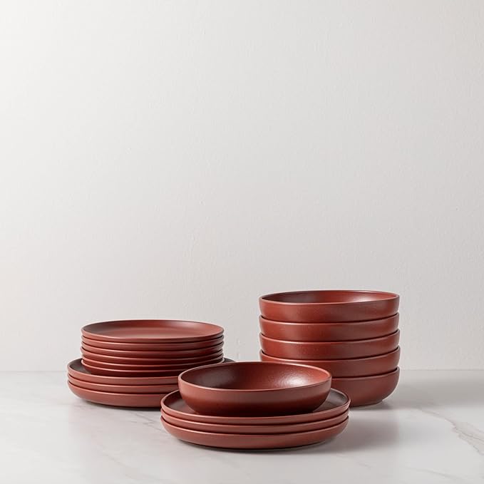 Casafina Ceramic Stoneware 18-Piece Place Setting Service for 6 with Pasta Bowls - Pacifica Collection Cayenne | Microwave &amp Dishwasher Safe Dinnerware Set | Food Safe Restaurant Quality Tablewar