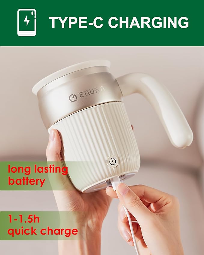 EQURA Automatic Self Stirring Coffee Mug Rechargeable Megnetic Auto Mixer Cup 15oz for Coffee/Milk/Tea/Cocoa for Home/Travel/Office Gifts for Birthday/Christmas (White)