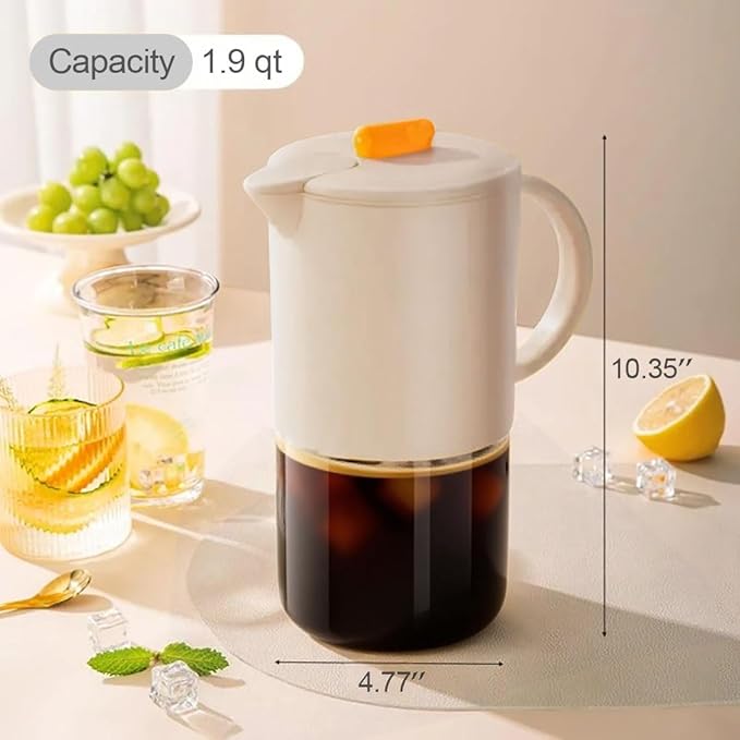 Delove Cold Brew Coffee Maker with Auto Spout – Shatterproof Plastic Shell Wide Mouth Design – 62 oz (1.9 Quart) Iced Tea Glass Carafe with Removable Removable Mesh Filter (2 Beige)