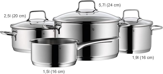 WMF Pot Set 4-Piece Astoria Pouring Rim Glass Lid Cromargan Stainless Steel Polished Suitable for Induction Hobs Dishwasher-Safe