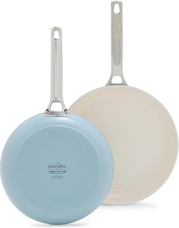 GreenPan Padova Pro 8 and 10 2 Piece Frying Pan Skillet Set Hard Anodized Healthy Ceramic Nonstick PFAS-Free Cookware Induction Suitable Stainless Steel Handle Dishwasher and Oven Safe Blue Haze