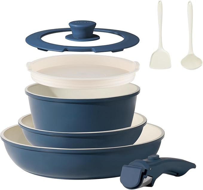 31pcs Ceramic Pots and Pans Set Nonstick Detachable Handle Cookware Induction Kitchen Cooking Set with Removable Handleinclude Frying Pans &amp Saucepans Oven Safe(Blue)