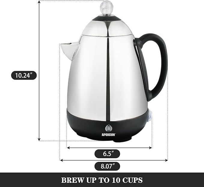 Electric Coffee Percolator Stainless Steel Coffee Maker with Clear Brew Progress Knob and No-Drip Spout Auto Keep Warm &amp Cordless Serving Coffee pot with On/OFF Switch Fast Brew (10 Cup)