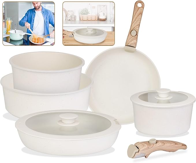 4-Piece Nonstick Cookware Set Including 7.5 8.3 10.6 Sauce Pans &amp Frying Pans Detachable Handles Silicone Lids Versatile for All Stovetops