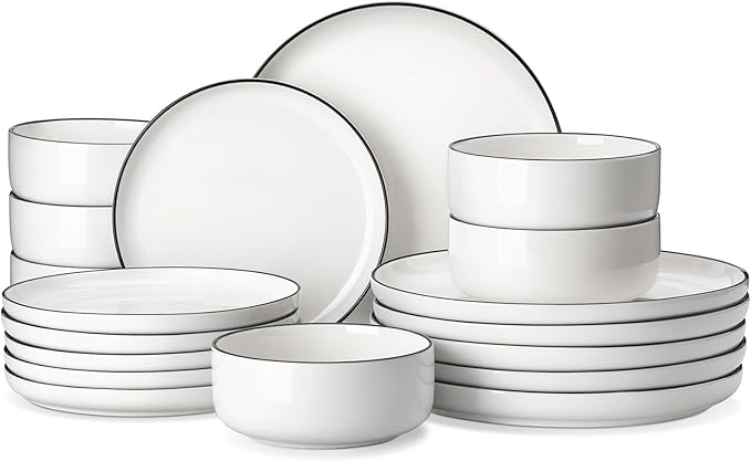 MALACASA Plates and Bowls Sets 18 Pieces Modern Porcelain Dinnerware Set for 6 White Kitchen Dinner Ware Set wtih Black Rim Ceramic Dishware Dishes Microwave and Dishwasher Safe Series LUNA
