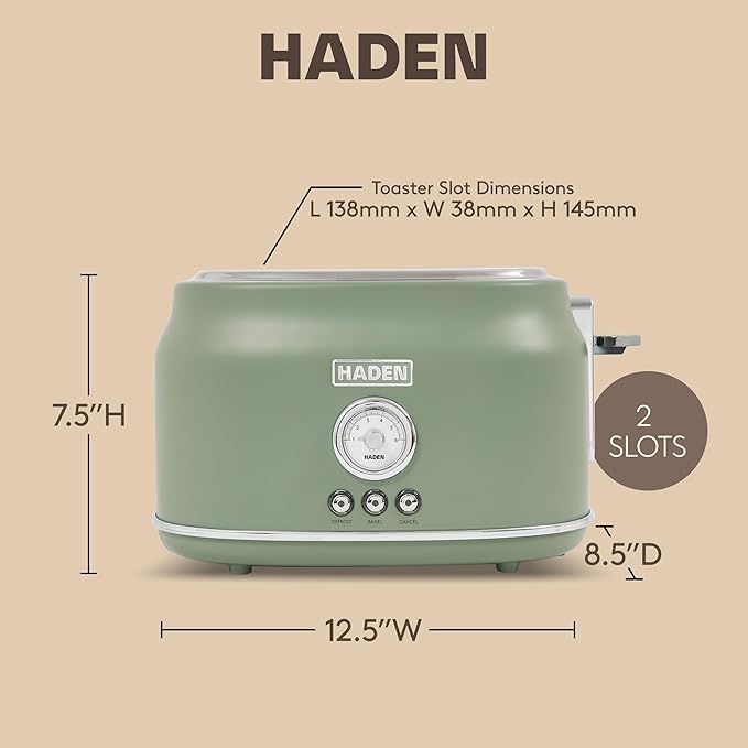 Haden Dorset 2 Slice Wide Slot Stainless Steel Toaster with Adjustable Browning Control &amp Non Slip Feet Cedar Green &amp Chrome