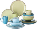 16 Piece Ceramic Stoneware Dinnerware Set Premium Heavier Material Dishwasher &amp Microwave Safe Scratch &amp Chip Resistant Solid Color Green Blue Plates and Bowls and Mugs Service for 4