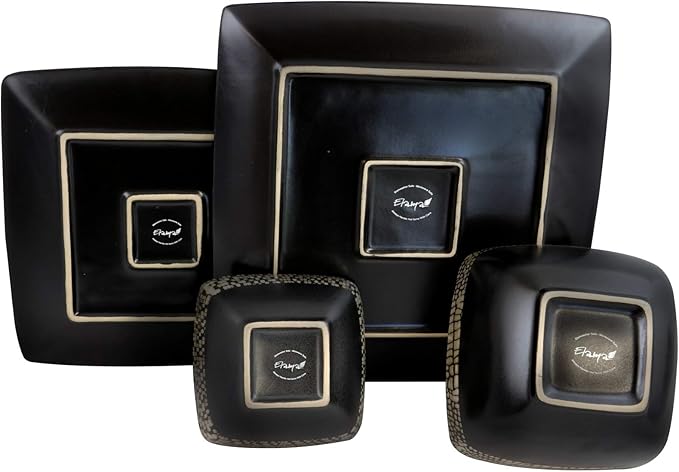 Unknown1 Geo 16 Piece Double Bowl Stoneware Dinnerware Set Brown Geometric Casual Square Microwave Safe Medium