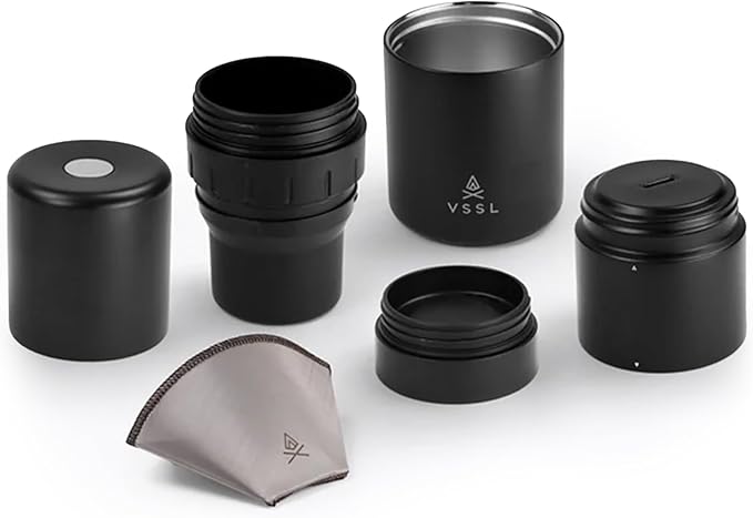 VSSL - Nest Pour Over Coffee Kit | Coffee Maker for Camping | All-In-One Travel Pour Over | Transportable Dripper Two 10oz Stainless Steel Travel Mugs | Compact Storage &amp Adventure Ready | Black