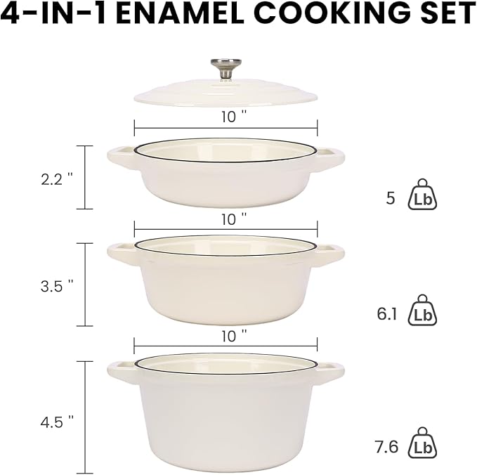 Hisencn Stackable Enamel Cookware Set 5-Piece – 5.2QT Pot with Lid 10-in Skillet 4QT Frying Pan with Universal Glass Lid Space-Saving Design Oven and Stovetop Safe (Up to 500°F) Cream White