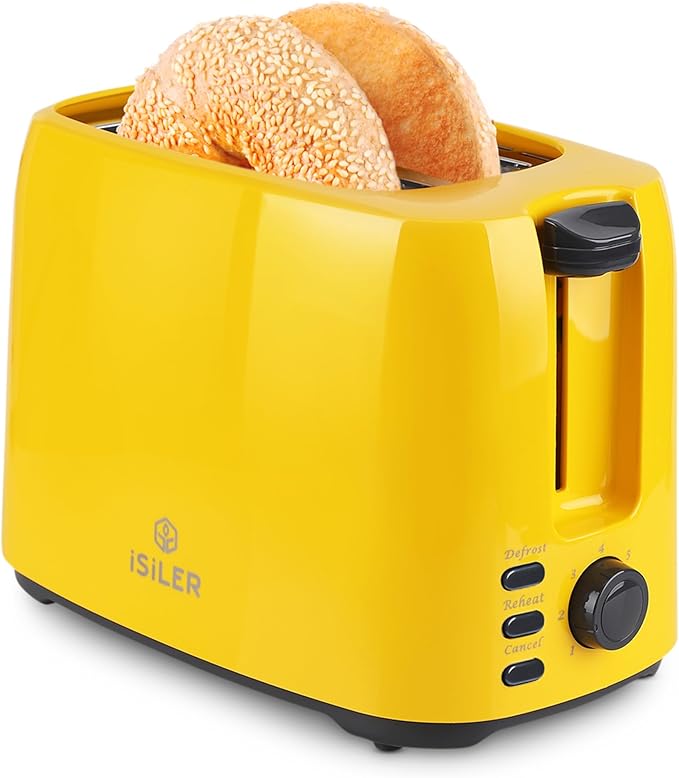 iSiLER 2 Slice Toaster 1.3 Inches Wide Slot for Bagels and Special Breads 7 Browning Settings and Double Side Baking Removable Crumb Tray Defrost Reheat Cancel Function Yellow