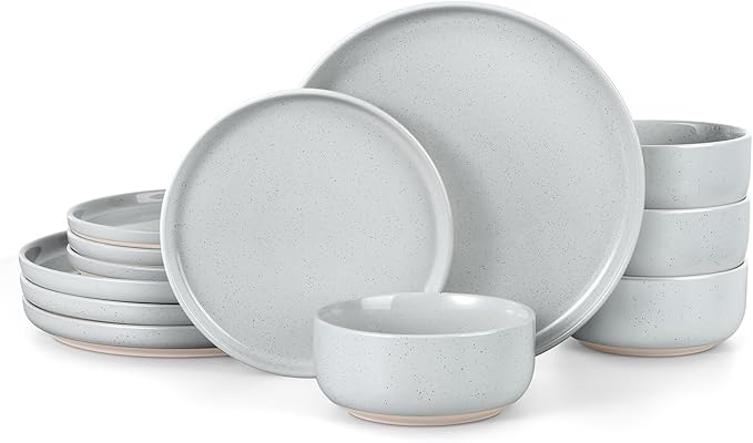 Vesteel 12-Piece Dinnerware set Ceramic Plates and Bowls set with Makeup Clay for 4 Speckled Stoneware Dishes Set for Family Microwave &amp Dishwasher Safe - Light Gray