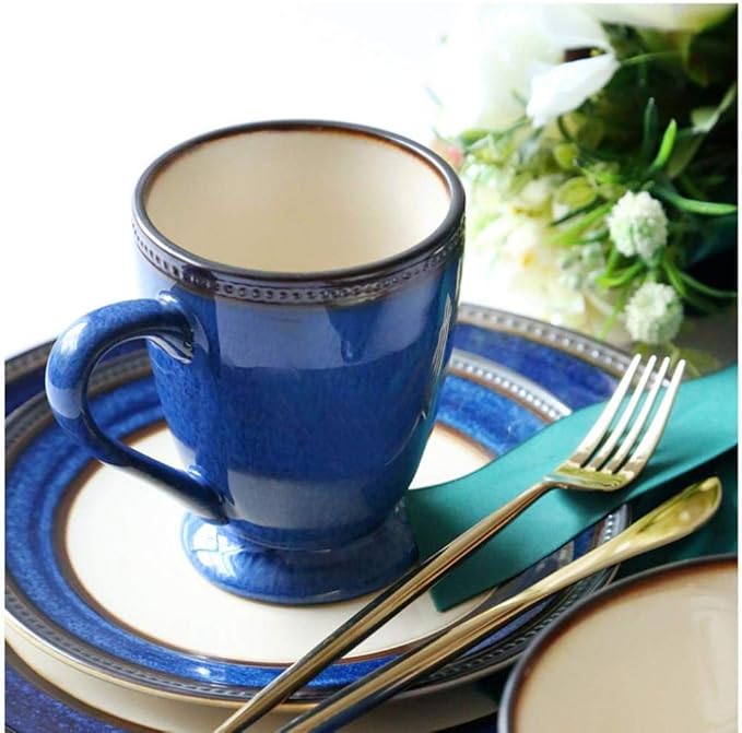 4 Pieces Vintage Blue Porcelain Dinner Set Ceramic Plate Bowl Cup Service for 1 Person