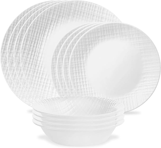 Corelle Linen Weave 12pc Service for 4 Dinnerware Set 8 plates 4 bowls Chip &amp Break Resistant Dinner Corelleware Plates