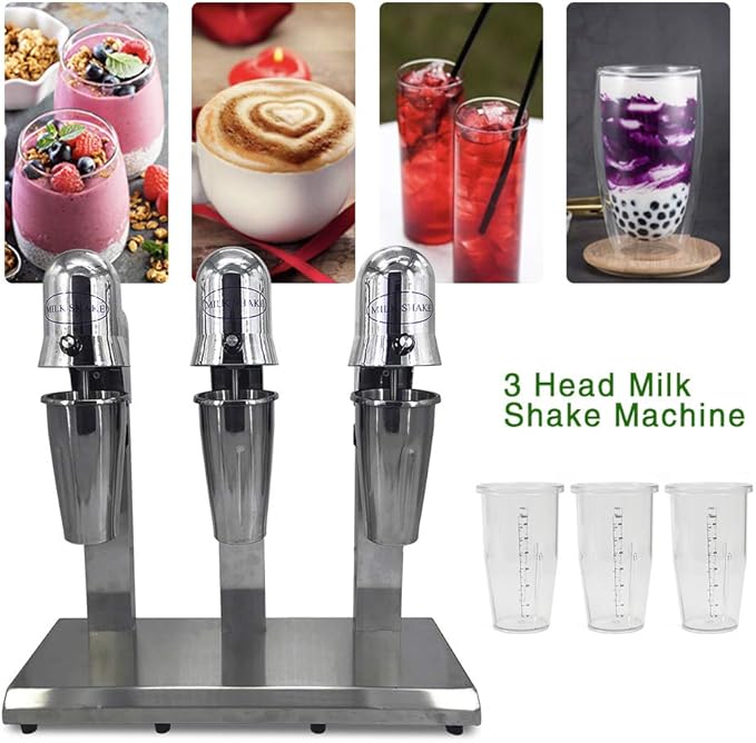 DNYSYSJ Electric Milk Shaking Machine Maker Commercial Stainless Steel Triple Heads Drink Mixer with 6 cups (3 stainless steel cup+ 3 PC cup)110v 18000RMP