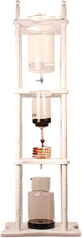LOYALHEARTDY Commercial Cold Brew Drip Tower 25 Cups Retro Manual Iced Coffee Maker with Glass Container Wood Stand Ice Cold Brew Dripper Coffee Maker for Party Coffee Shops -20~300℃ White