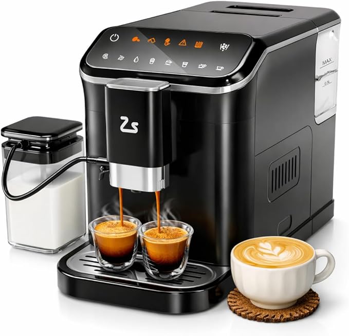 IDEALHOUSE Fully Automatic Espresso Machine Touchscreen Coffee Maker w/Built-in Grinder Auto Milk Frother for Latte Cappuccino 1.5L Water Tank &amp Dual Boiler Heating Black/Silver 120V 1350W