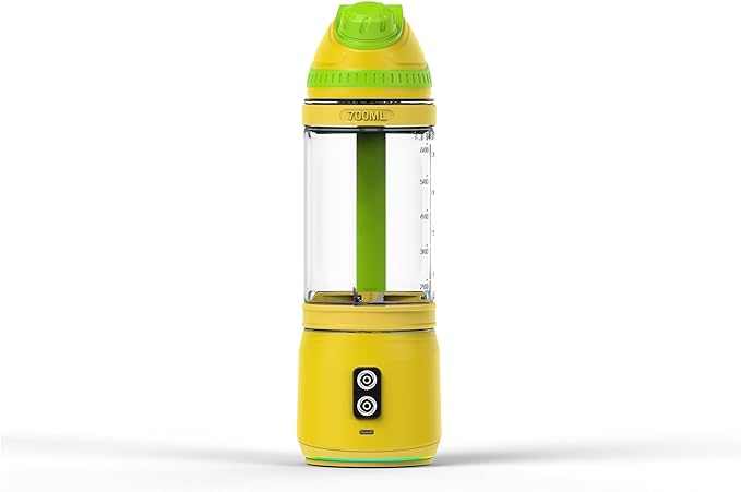 Portable Blender Anti-Jamming 300 Watt for Shakes and Smoothies 24oz Travel Blender USB Rechargeable BPA Free Sporty bottle with a Travel Lid. (Black Base Grey Lid) (Yellow Base Green Lid)